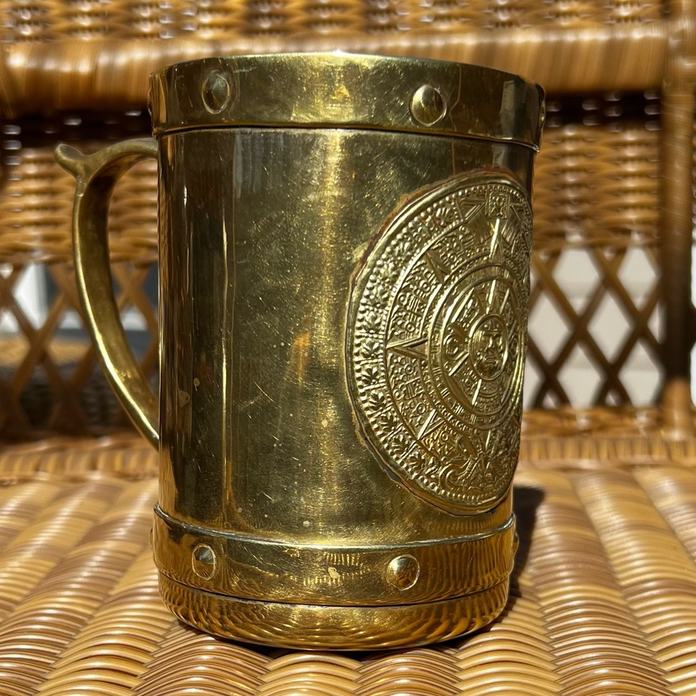 vintage brass Aztec calendar mug